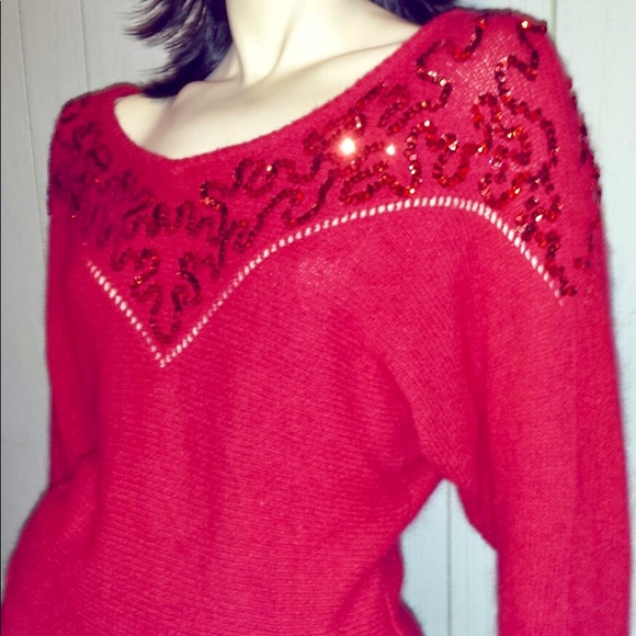 Vintage 80s RED Glam Sequin Dolman Slv Angora Sweater - Picture 2 of 5